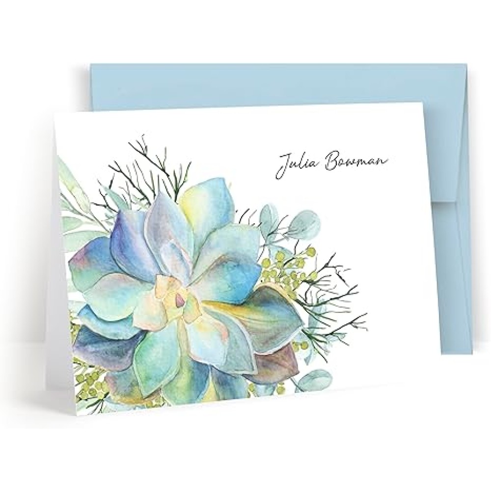 Personalized Stationery, Single Succulent Watercolor, Folded Note Cards